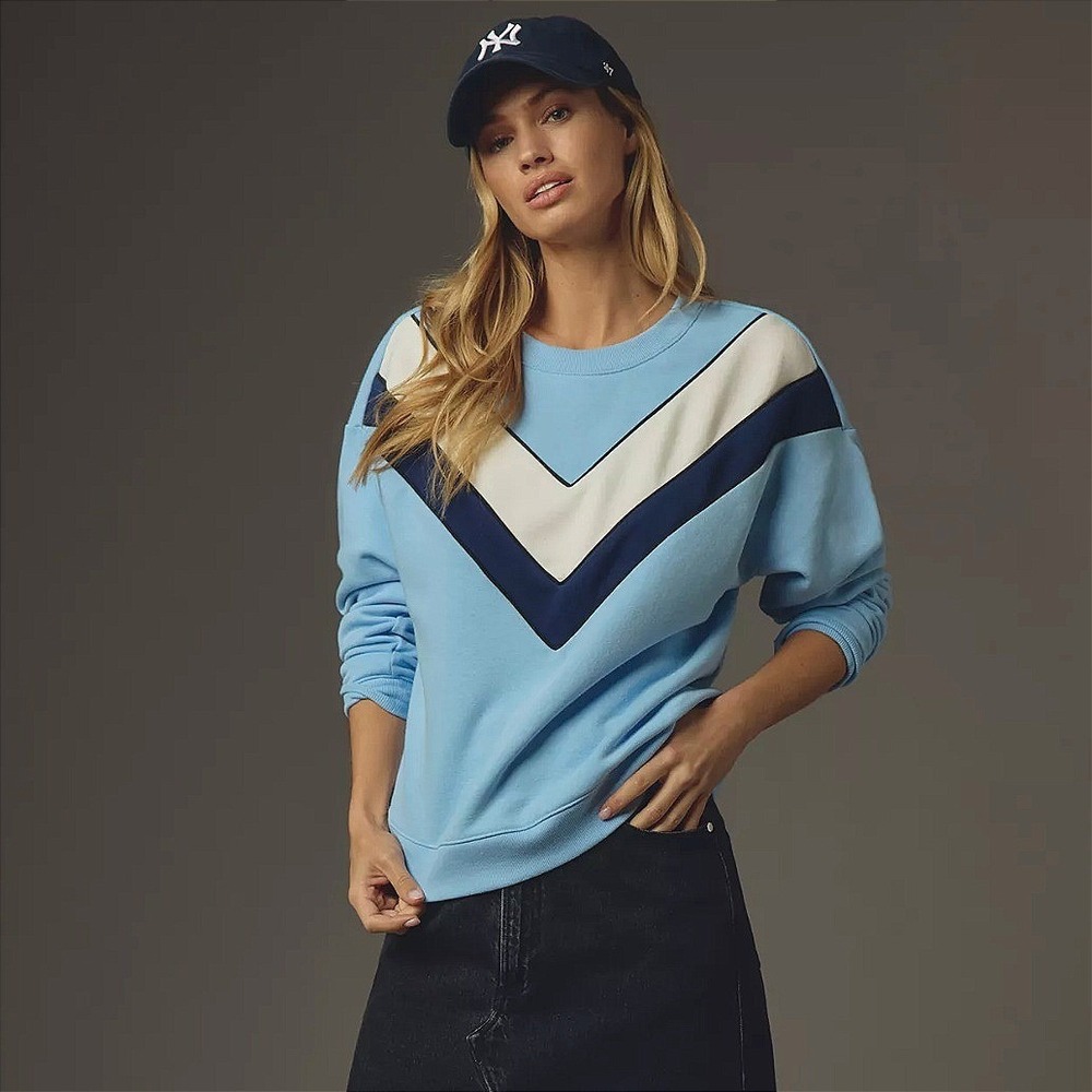 Maeve V-Striped Sweatshirt Womens XS Blue Comfort Fleece Pullover Tennis Preppy